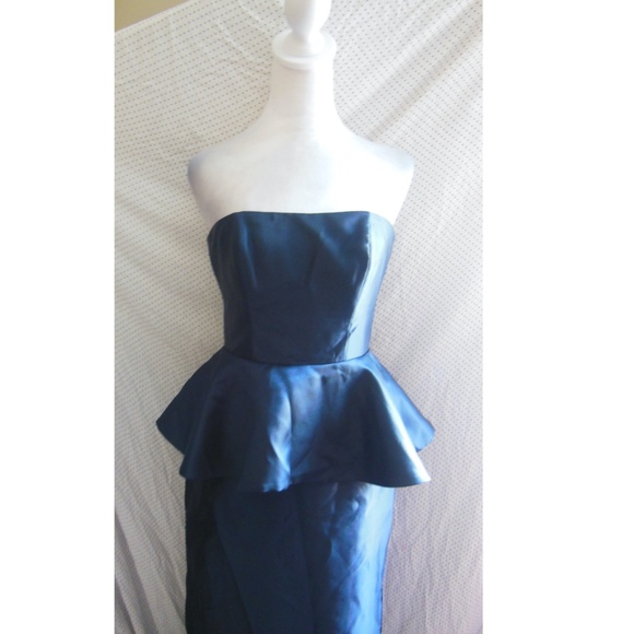 NEW ALFRED SUNG Midnight BLUE Strapless RUFFLE Peplum SATIN Column GOWN 12 - Picture 5 of 16